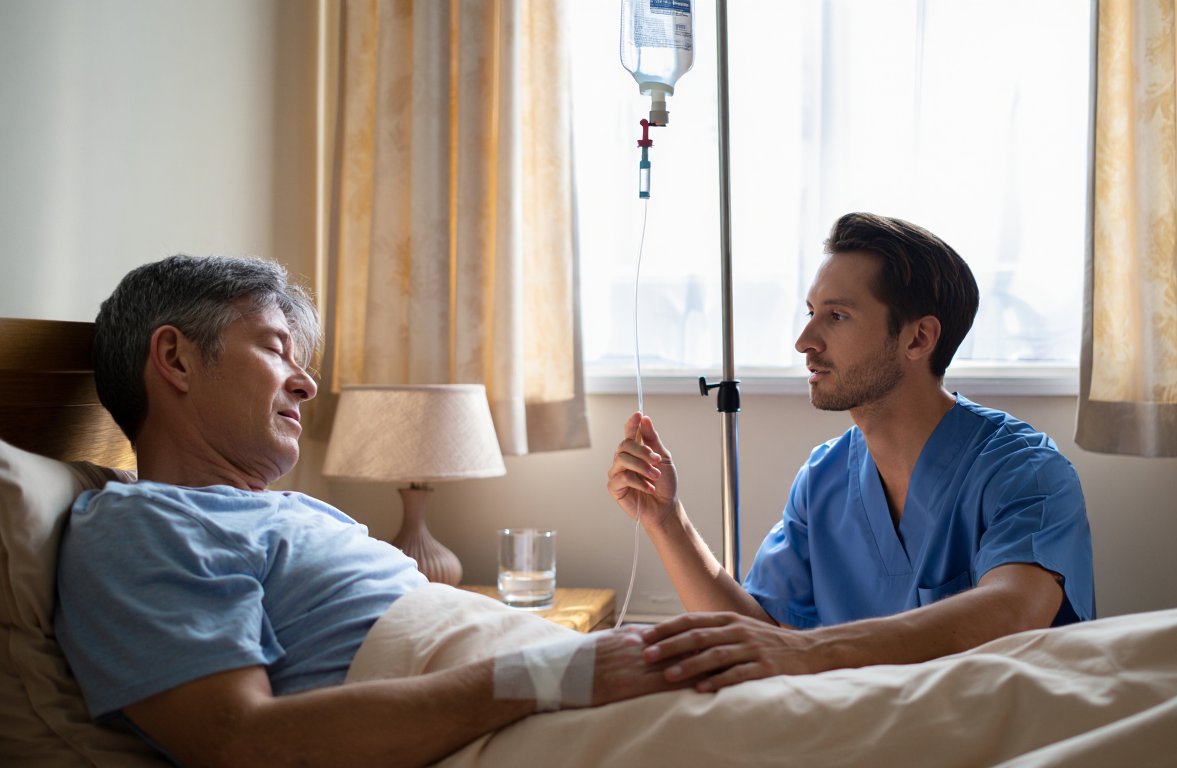 Вывод из запоя на дому: врач-нарколог устанавливает капельницу пациенту, который испытывает облегчение после абстинентного синдрома, процедура детоксикации проходит в спокойной домашней обстановке..